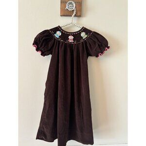 Kelly's Kids Girls Size 5-6 Brown Corduroy Dress Embroidered Gumballs Smocked